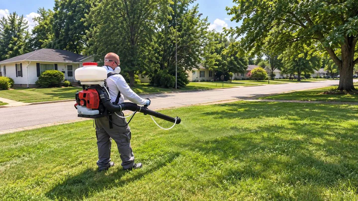 Technician treating shaded shrubs along a Southern Indiana yard edge.
